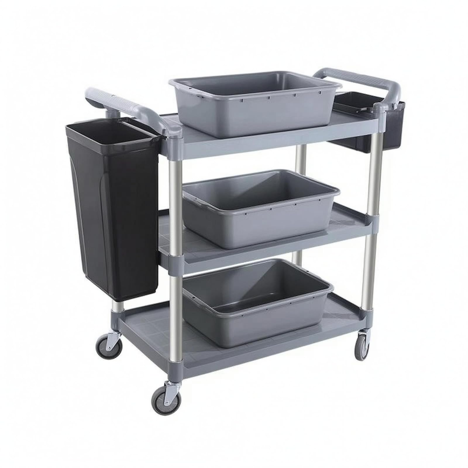 predolo Carro Camarero Triple Niveles Gran Capacidad Carro Servicio con Ruedas Multiuso Mueble Rodante para Restaurante, Gris, Grande, Tres Cubetas, Dos Cubos, Ruedas Silenciosas