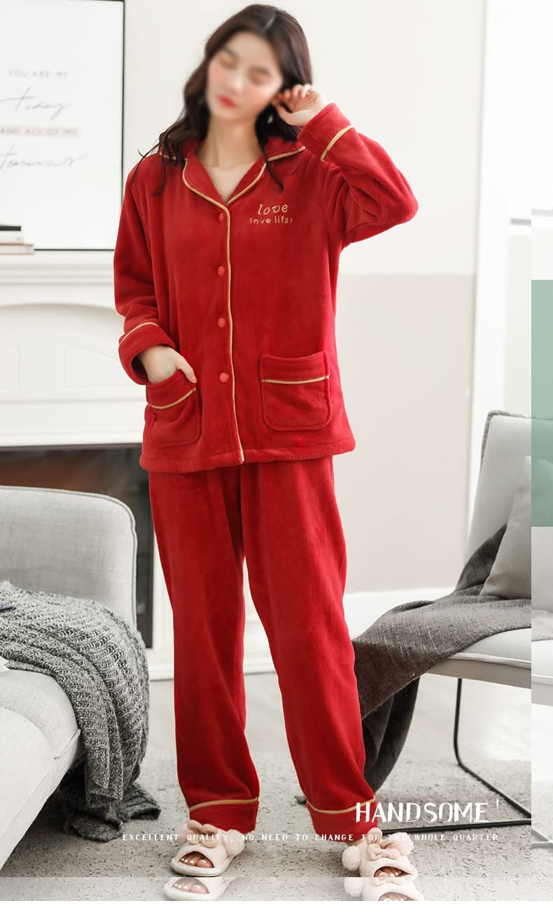 Pyjama-Sets Damen-Nachtwäsche Tops Winter-Flanell-Pyjamas Damen-beiläufige Nachtwäsche Nachtwäsche-Pyjama (Color : Red, Size : M-Code)