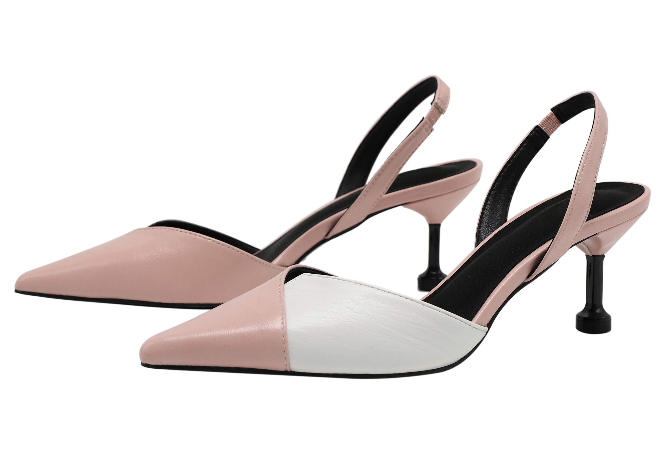BIGTREE Womens Slingback Shoes Patent Leather Pointy Toe Kitten Heels Contrast Stitching Pumps Shoes
