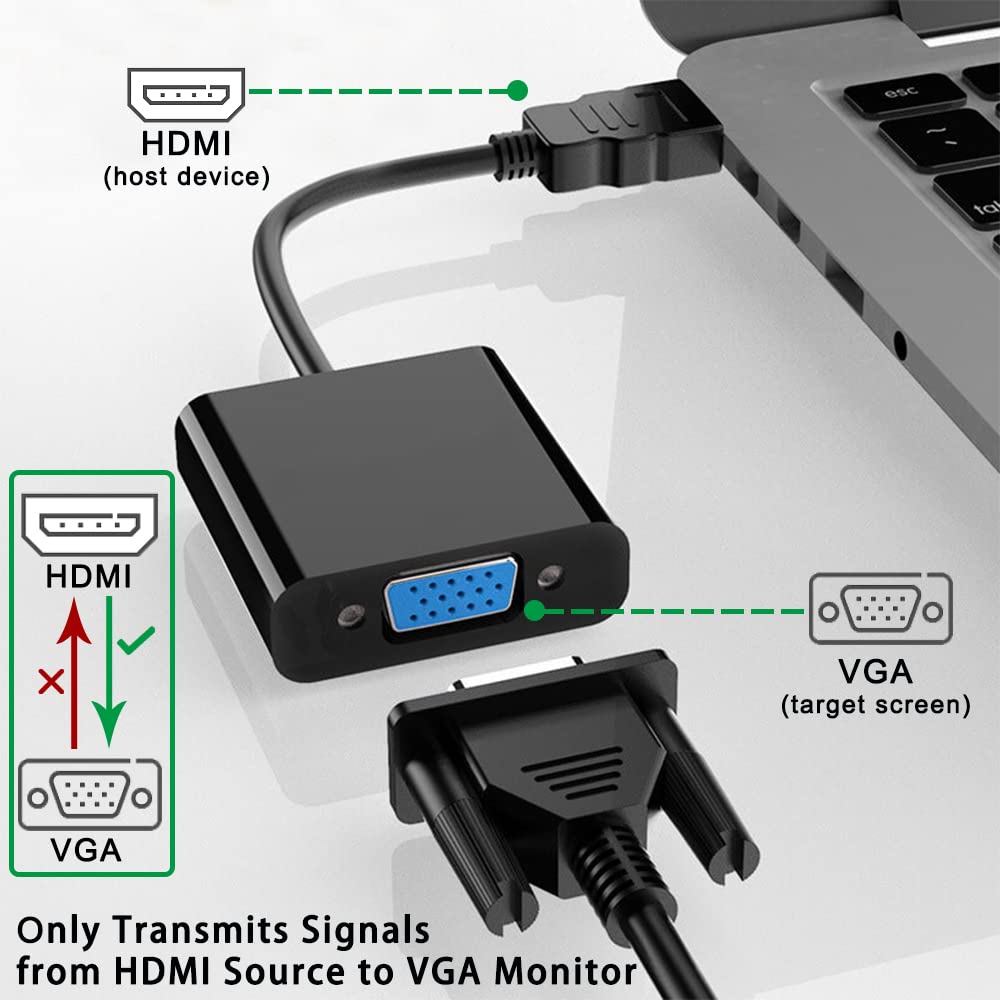 Adattatore HDMI a VGA (maschio a femmina) per computer, desktop, laptop, PC, monitor, proiettore, HDTV, Chromebook, Raspberry Pi, Roku, Xbox e altro ancora (1