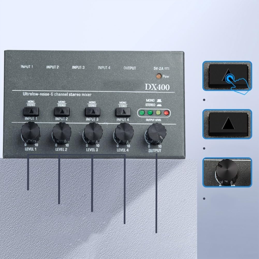 Mélangeur audio stéréo de studio à ultra faible bruit 4/6/8 canaux, mixeur de ligne avec coque en métal (4 canaux)