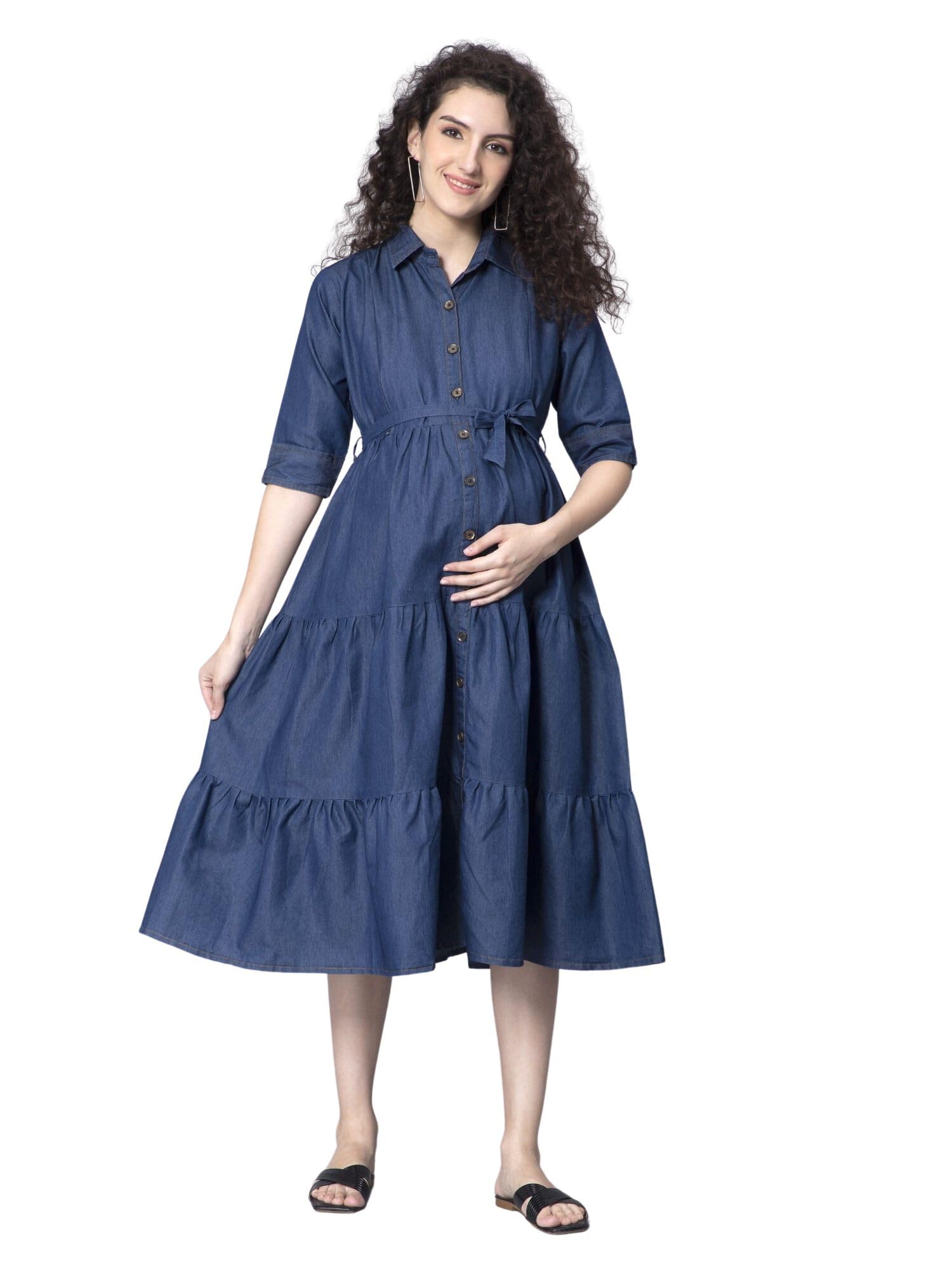 NightspreeWomen's Cotton Denim Collared Maternity Dress Feeding Kurti with Zipper (Denim-Collared-3/4-P)