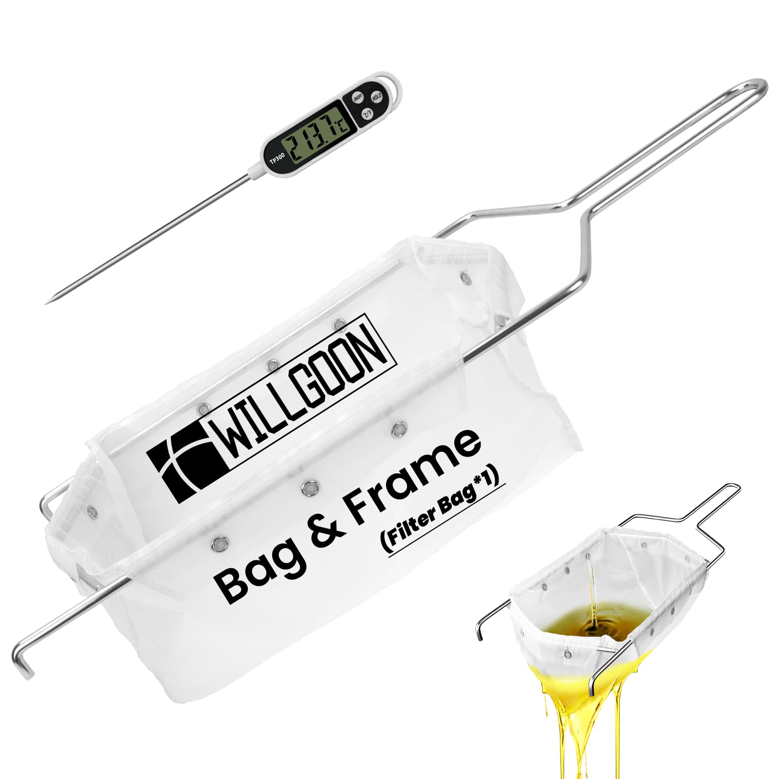 Upgraded Fryer Filter Bag &amp; Frame Set, Reusable Oil Strainer Compatible with 40L/60L Deep Fryers, Fine Mesh to Capture Crumbs, Durable for Home &amp; Commercial Use, with 1 Professional Food Thermometer