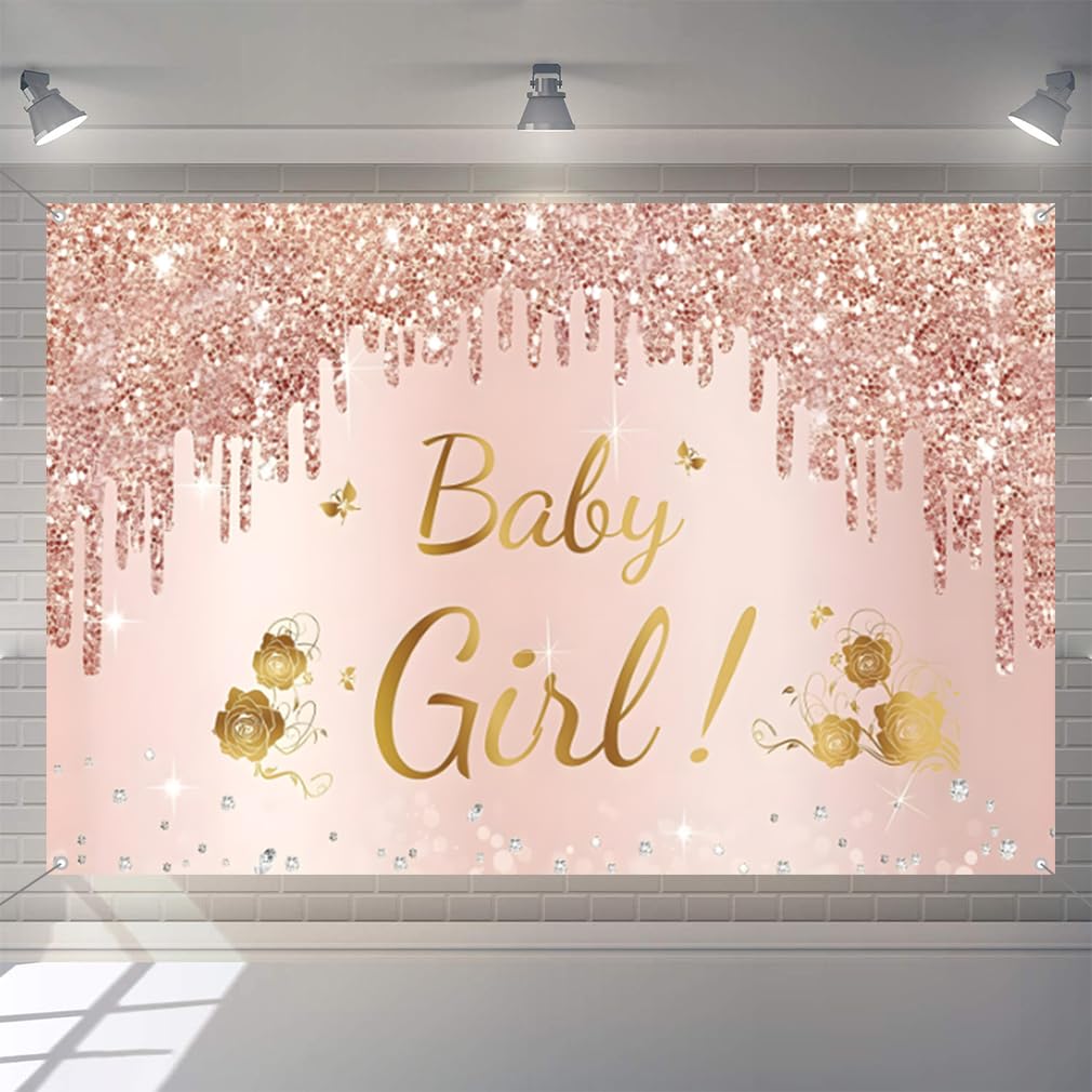 Baby Girl Baby Shower Backdrop Banner Rosegold Baby Shower Photography Background Flower Baby Girl Welcoming Party Decorations Party Backdrop Banner Fabric Sign Poster