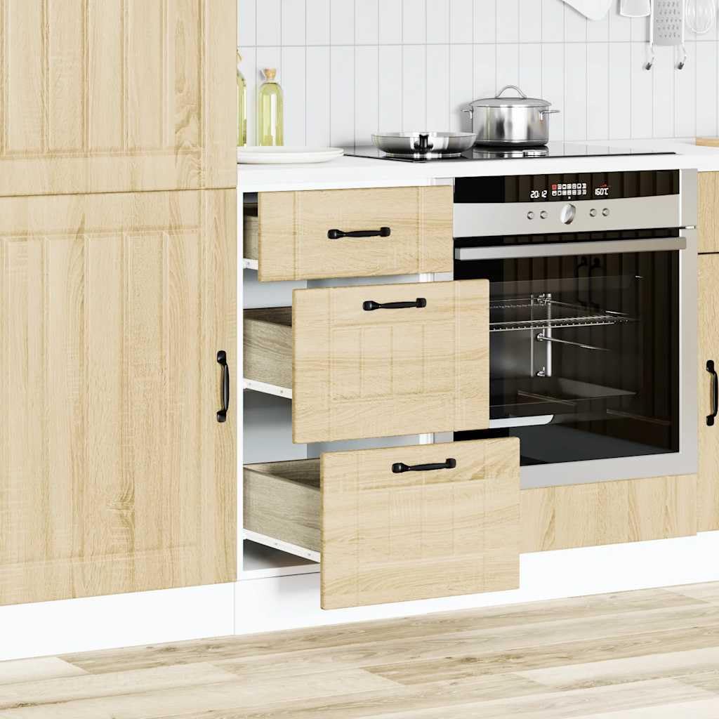 Lucca - Mobiletto da cucina in legno di rovere Sonoma, con vano portaoggetti, piedini regolabili, cassetto e porta, armadietto compatto per cucina, sala da pranzo, dispensa e organizer