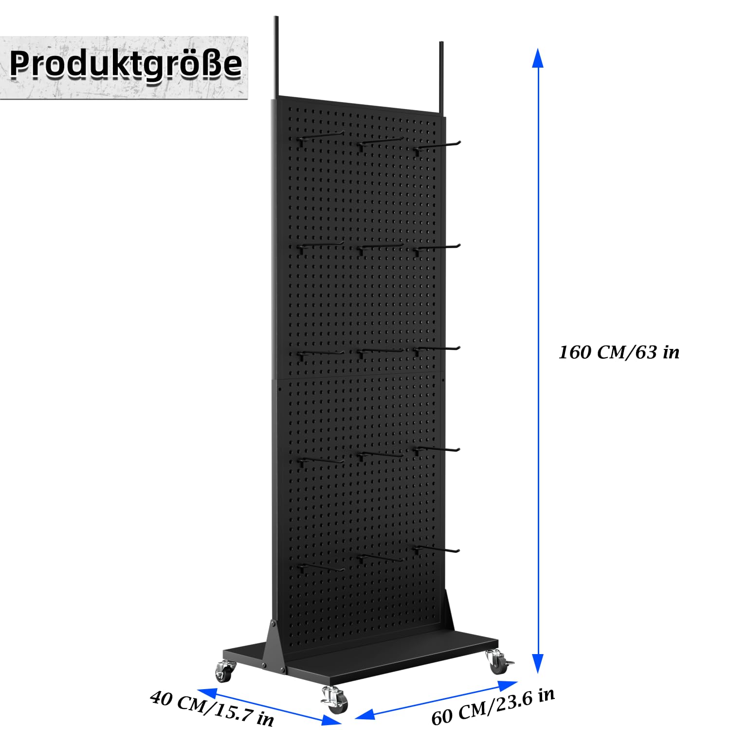 Metall-Stecktafel-Ausstellungsständer – Doppelseitiges Stecktafel-Regal mit 30 Haken, 160 x 58 x 38 cm, tragbarer Stecktafel-Organizer für Heimwerker, Küchendekoration, Handyladen/Schwarz