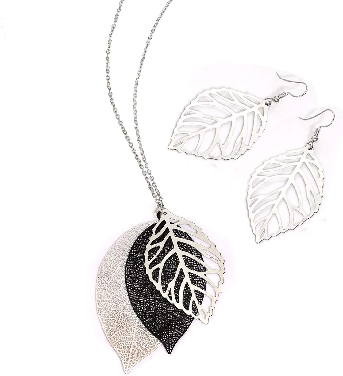 Leaf Earrings and Long Necklaces Set for Women Boho Gold-tone Multi Tiered Leaves Delicate Chain Dangle Necklace SimpleLeaf Statement Dangling Earrings
