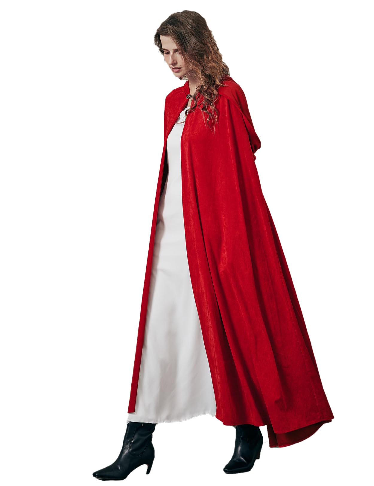 BEAUTELICATE Renaissance Hooded Cloak Faux Suede Long Medieval Cape With Hood Hobbit Northern Knight Witch Wizard Cosplay Halloween Fancy Dress Costume for Men and Women Red - Image 3
