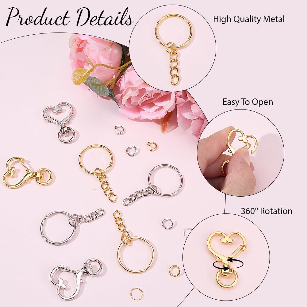 50 Sets 2 Colors Heart Keychain Making Kit Key Chain Snap Hooks Gold Silver Swivel Clips with Split Keyring Jump Rings Lanyard Hooks for Repair Necklaces Bracelets Keychains Jewelry Findings