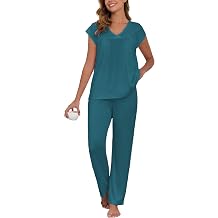 Famulily Women 2 Piece Pajamas Set V-Neck Cap Sleeve Pleated Tops and Wide Leg Pants Summer Sleepwear S-XXL