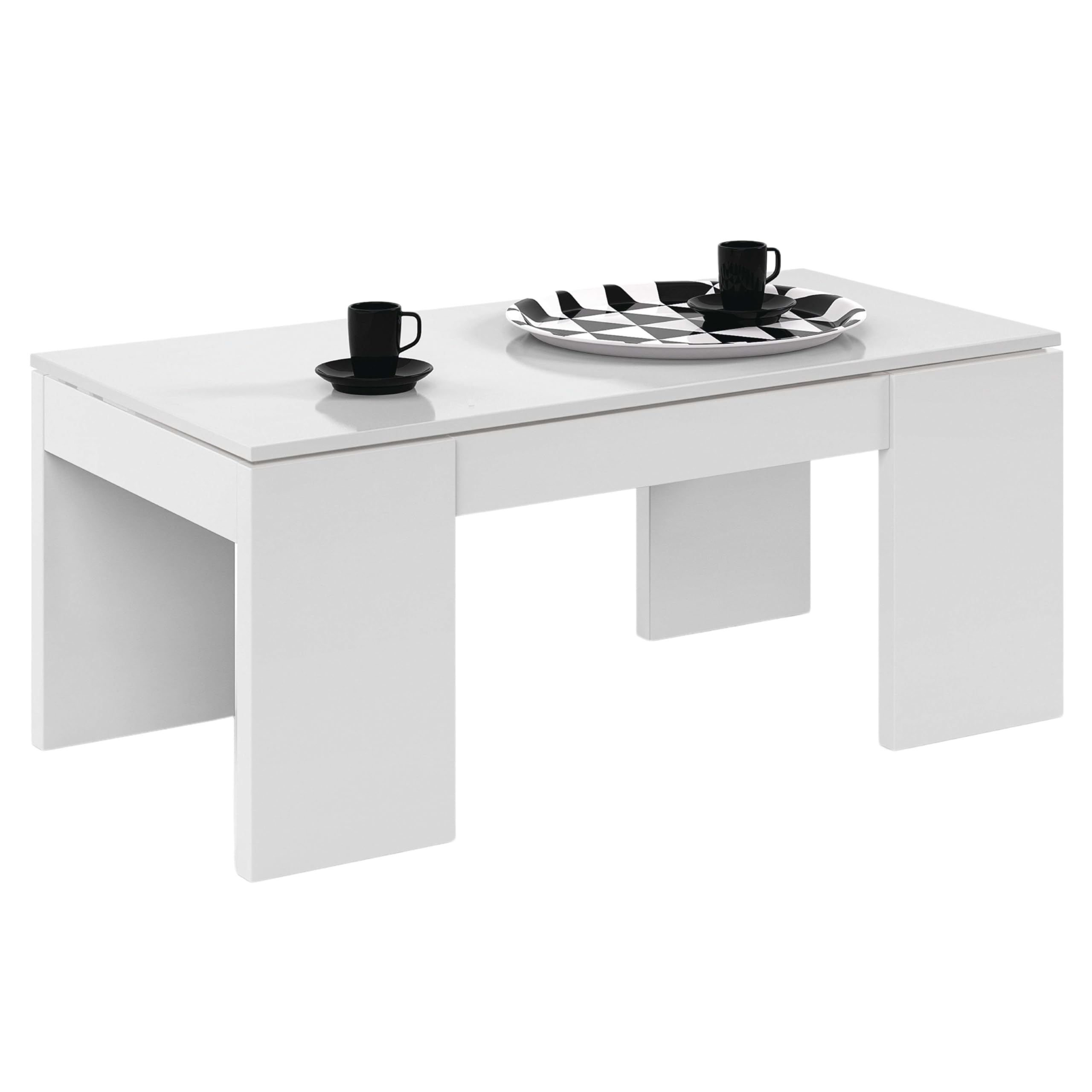 Habitdesign – Mesa de Centro Elevable para Salón Comedor, Mesa de Café con Almacenaje, Color Blanco Brillo, 100x50x43–54 cm - Modelo Kendra