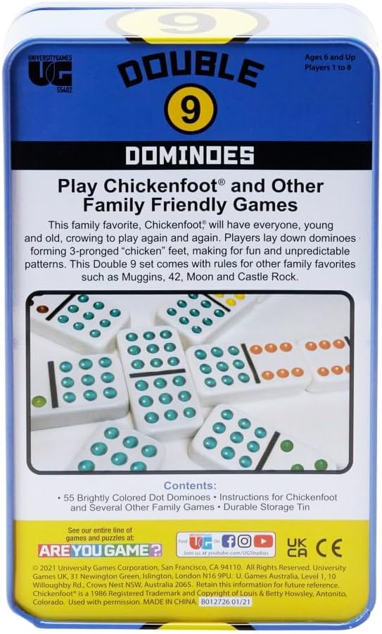 Front Porch Classics | Double 9 Colored Dot Dominoes Travel Tin Set, 2 to 8 Players Ages 8 to 99