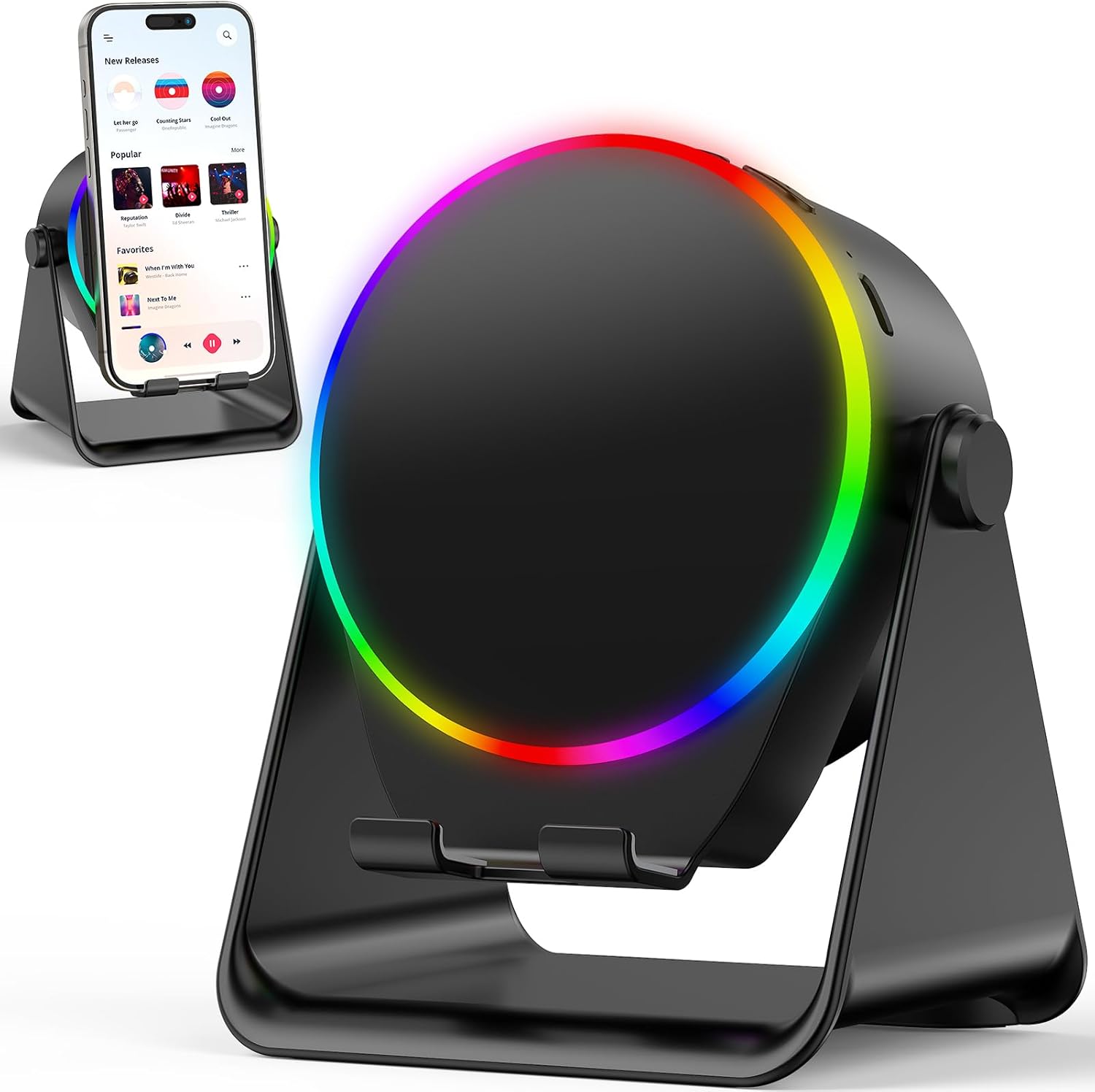 Wireless Induction Audio Bluetooth Speaker, 4-in-1 Design with RGB, Anti-Slip Base for 4-13″ Phones, Bluetooth 5.3, Instant Play, Perfect Tech Gift (Black)