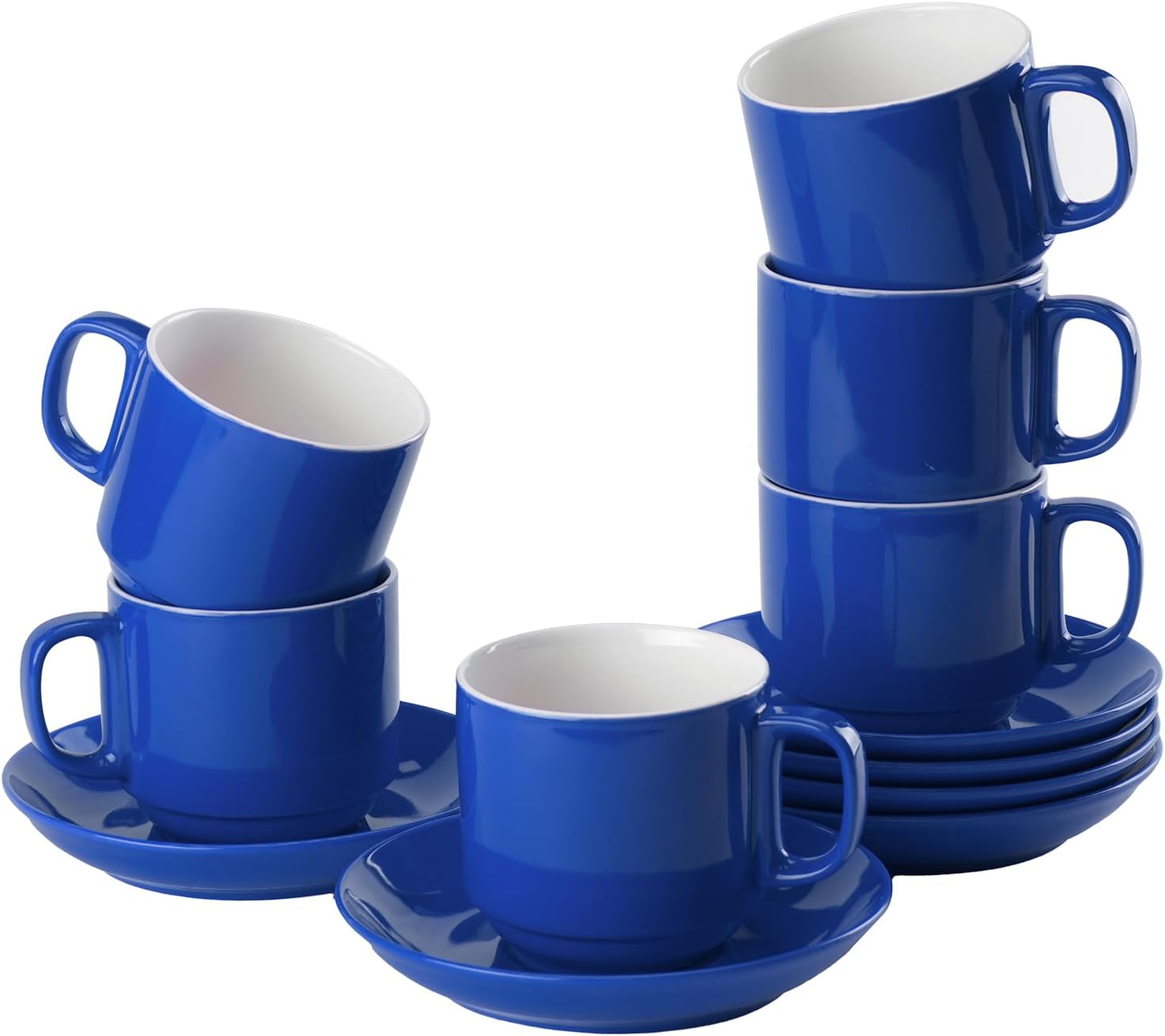 BTaT- Stackable Tea Cups and Saucers, White, Set of 6 (8 oz), Cappuccino Cups, British Coffee Cups, Porcelain Tea Set