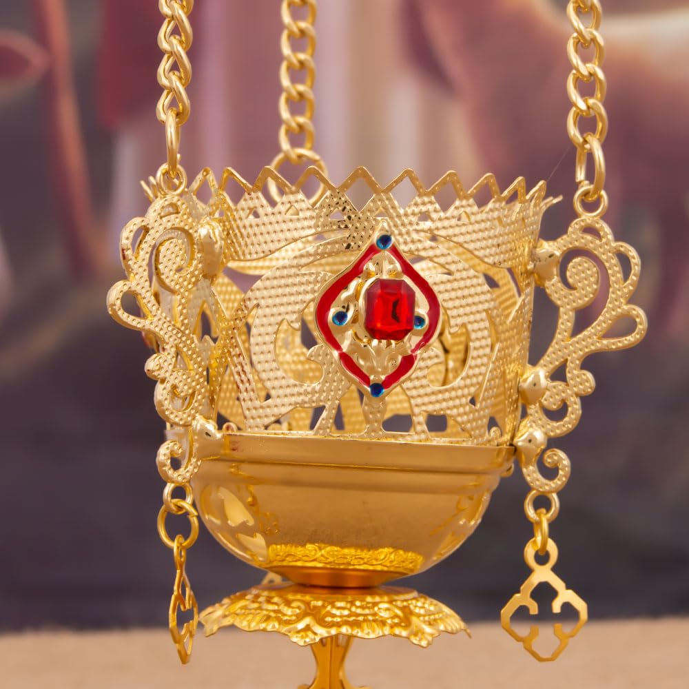 Lampe à huile chrétienne orthodoxe à suspendre, lampes à huile orthodoxe avec tasse en verre rouge, pour cérémonies religieuses et usage quotidien (diamant bleu avec boucles d'oreilles et
