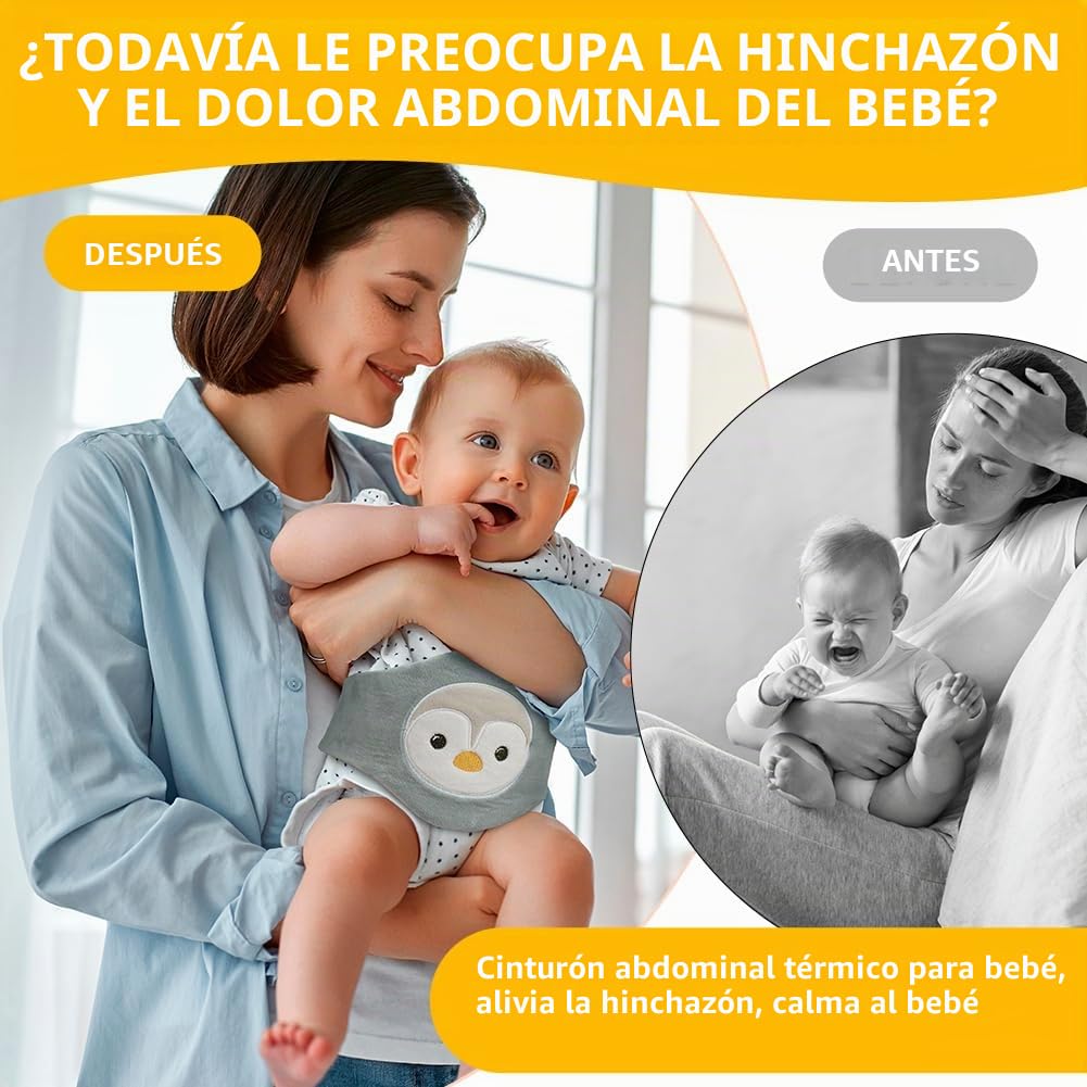 Vicloon Cinturón Calentador para Bebé, Cinturón Anticólico para Bebé, Partículas de Arcilla, Micro Ondulado, Lavable, Cojín Térmico Ajustable para Bebés para Dolor Abdominal y Flatulencia(Pingüino)