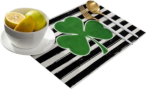 Miniatura 2 de Juego de 4 manteles individuales lavables de cocina manteles de mesa del día de San Patricio para decoración de mesa de comedor rayas blancas y