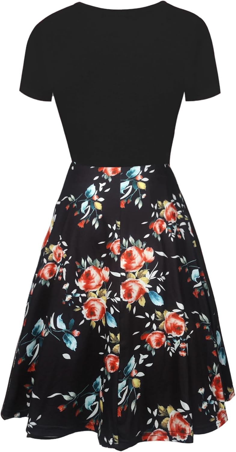 oxiuly Women Casual Dress Round Neck Soft Cotton Floral A-Line Midi Summer Dresses with Pockets OX262 - Image 3