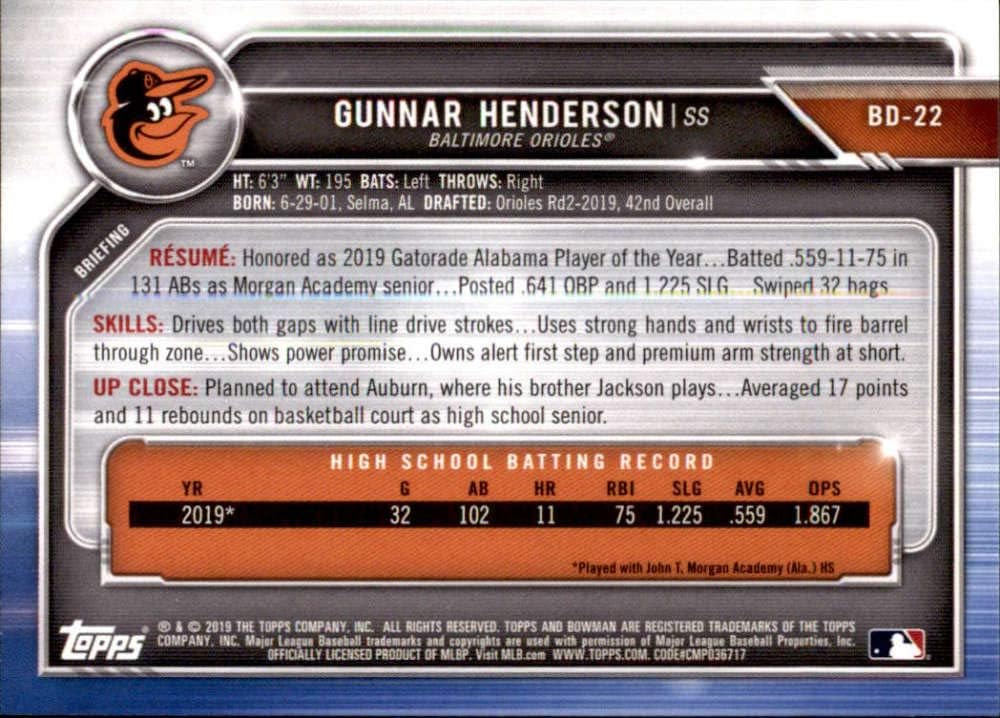 2019 Bowman Draft #BD-22 Gunnar Henderson RC Rookie Baltimore Orioles MLB Baseball Trading Card
