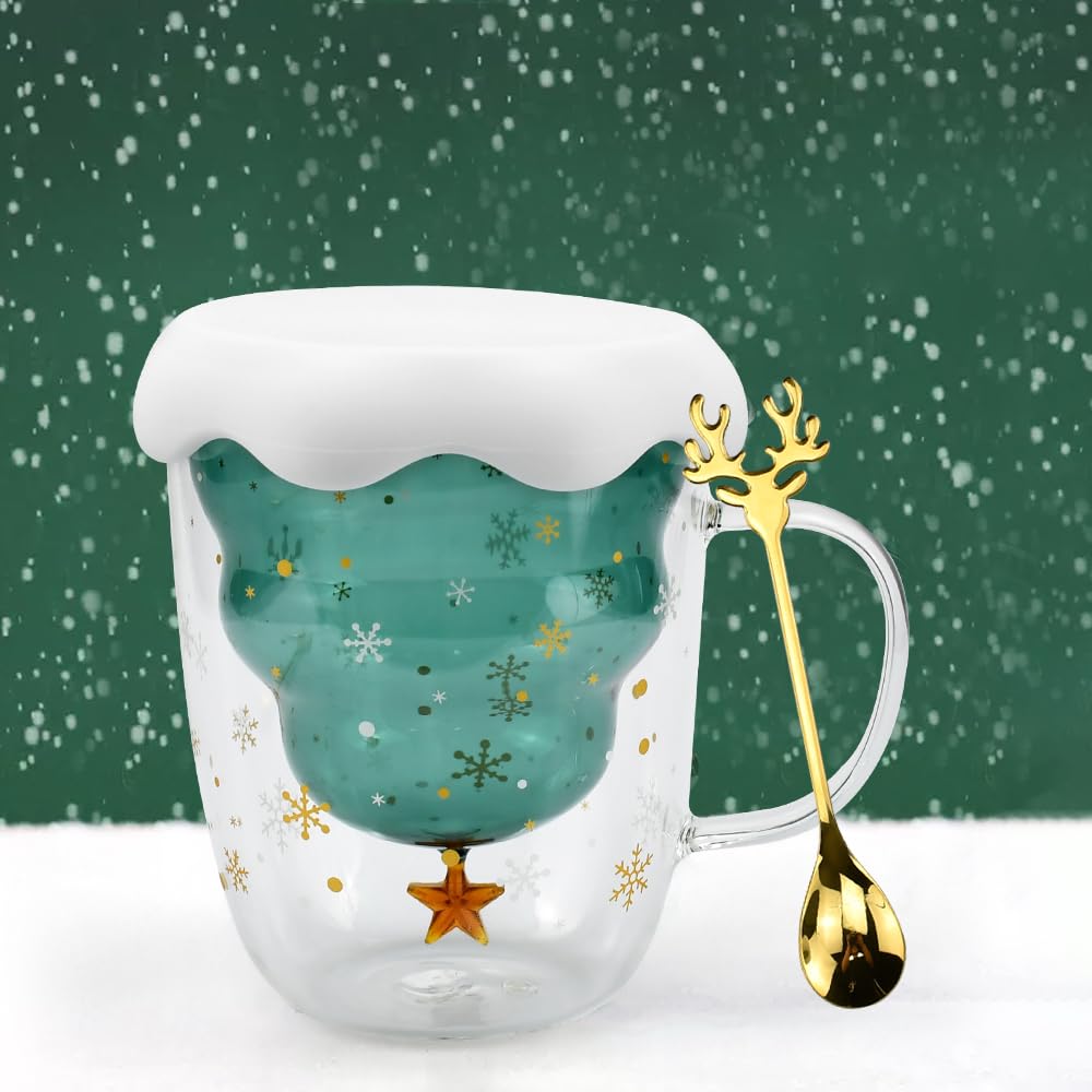 ADERTOS Tazza Natalizia a Doppio Strato Mug Natalizie a Vetro da 300ml Tazze Caffe Natalizie Tazze da Latte Natalizie con Coperchio a Fiocco Nevee e Cucchiaio Tazza da Tè a Forma di albero di Natale