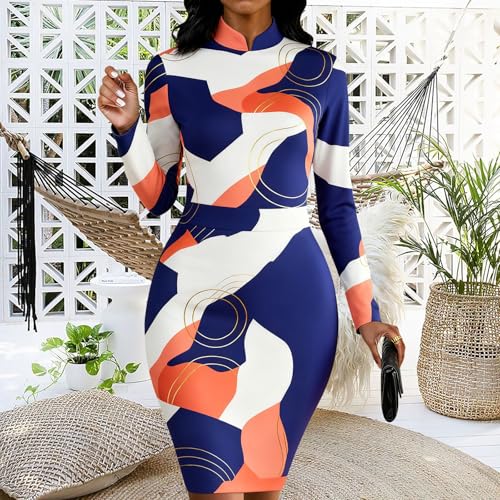 Image of MsavigVice Bodycon Dress Women Mandarin Collar Long Sleeve Knee Length | Vibrant abstract prints with bold varied hues, soft stretch fabric contours curves for sleek versatile everyday styling