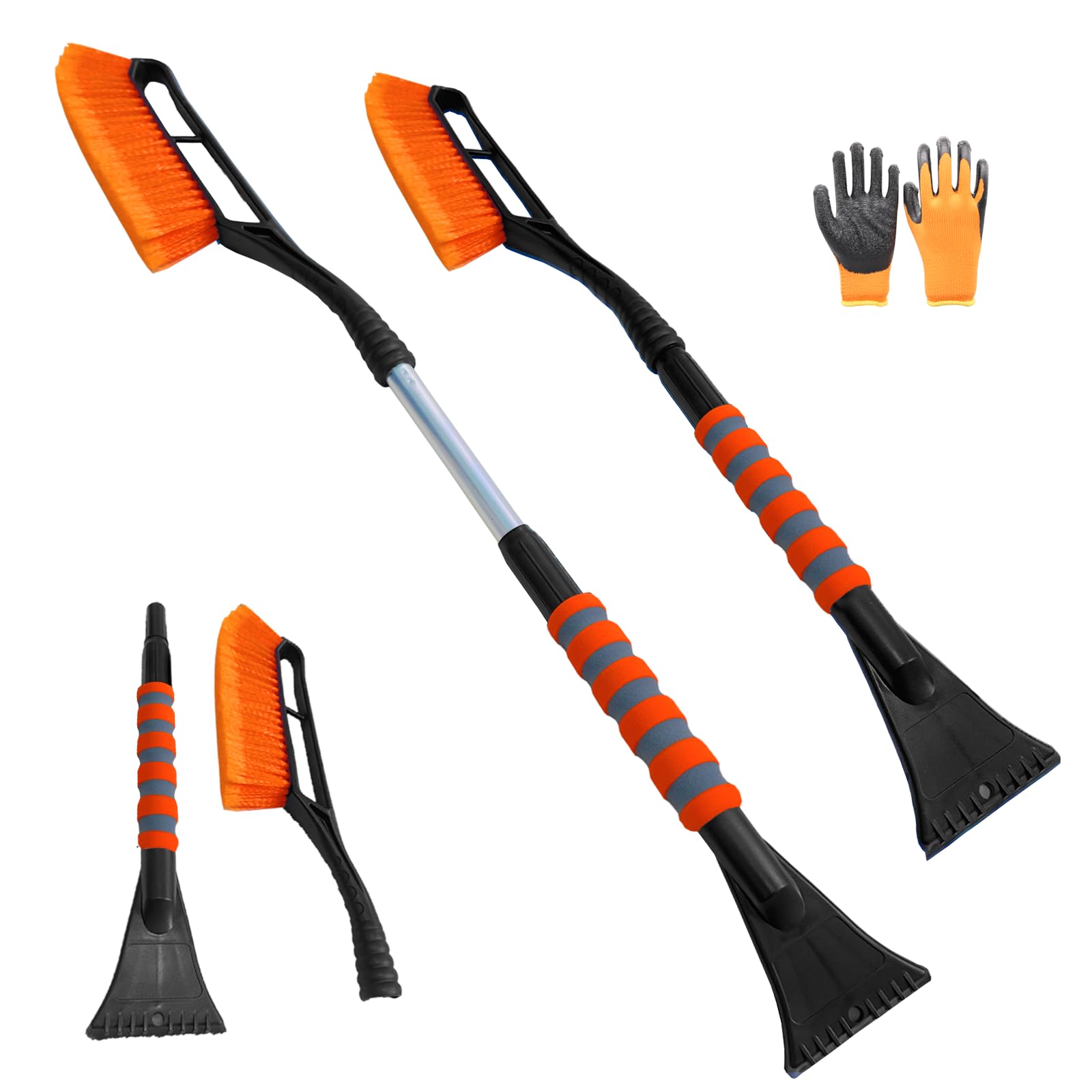 Grattoir Pare Brise Voiture Telescopique,2 en 1 Raclette Vitre Voiture Gratte Glace et Brosse à Neige avec Gant,Balai Neige Voiture,Dégivreur Pare Brise 78-93 cm (Orange)