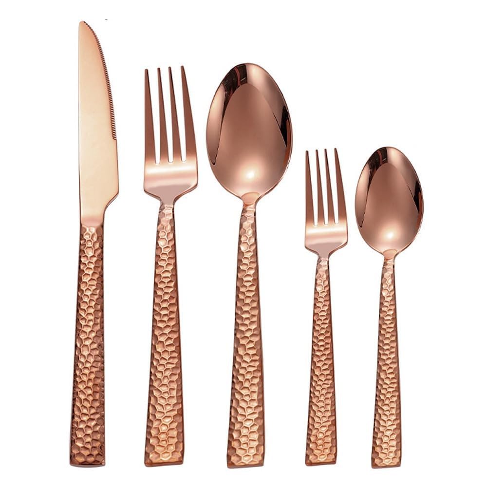 Royal Shang Youpin Square Handle Hammer Pattern Kitchen Stainless Steel Silverware Tableware Flatware Cutlery Set Steak Knife Fork Spoon Teaspoon (Rose Gold,5 pieces)