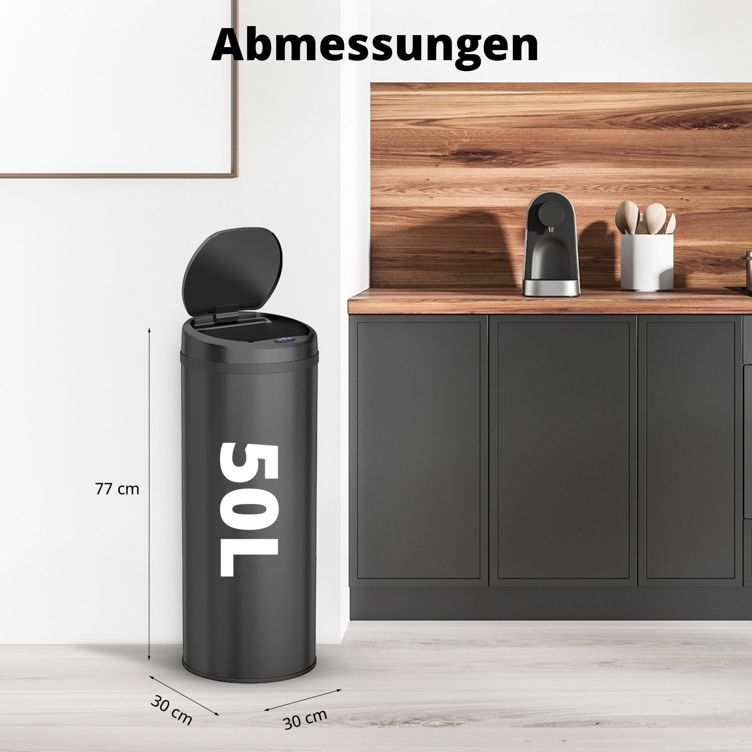 FLINQ PEAK 50L Smart Sensor Mülleimer - Schwarz | Automatischer Kuche Mülleimer mit Sensor - Moderner Abfalleimer - Küchenmülleimer Groß