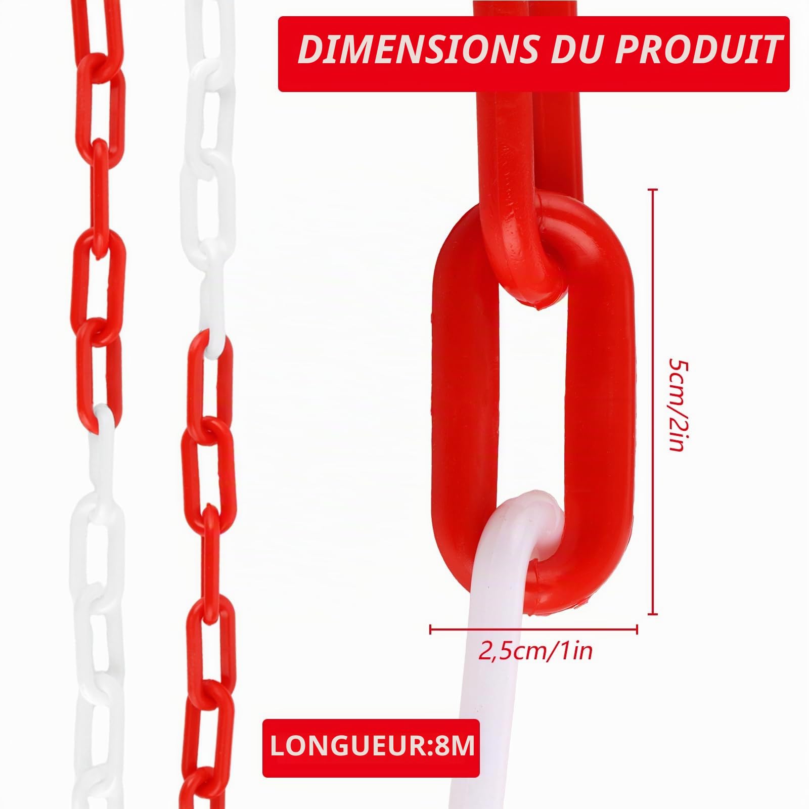 DAJAVE Chaîne de signalisation 25 m, en plastique, 8 mm, bicolore, en plastique, pour bloquer les surfaces, barrière de parking