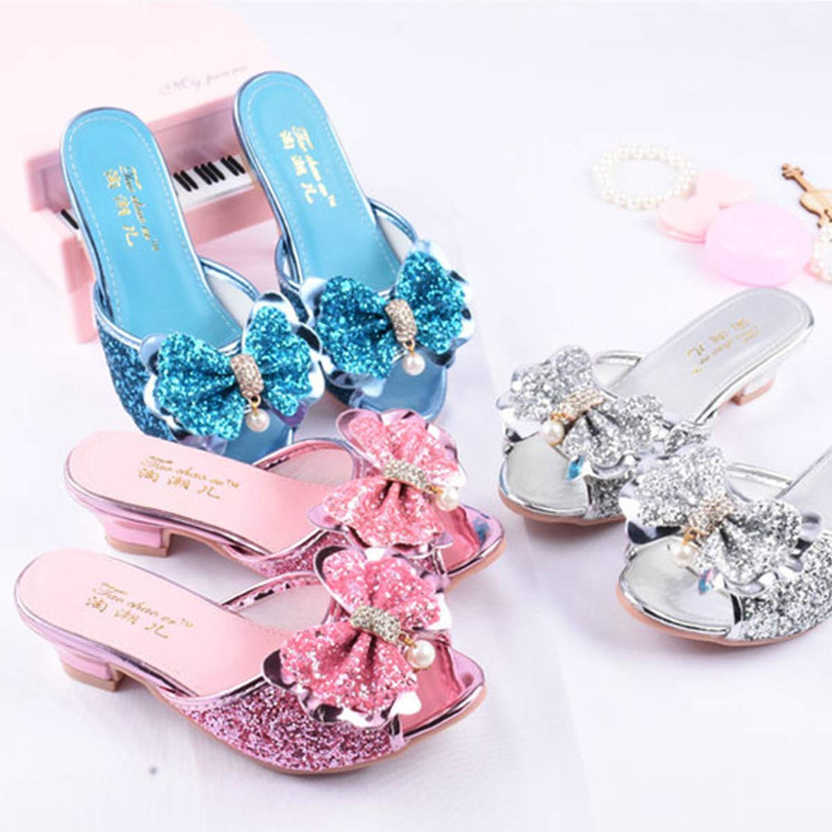 Mädchen Prinzessinschuhe mit Pailletten Kristalle Kinder Slipper mit absatz Pantoffeln für Halloween Verkleidung Freizeit Caseual Weihnachten Kindergarten Geschenk Geburtstag