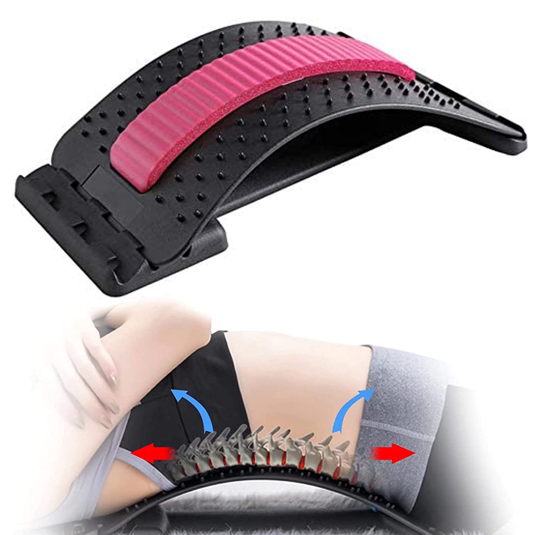 Back Stretcher - 3 Heights Adjustable For Pain Relief, Lower With Massaging Points & Cushion Foam, Spine Deck Office Chair, Car, Travel(Pink)