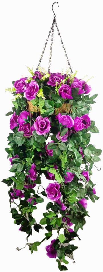 Home Wedding Christmas Hanging Basket Decorative Silk Plant Artifcial Hanging Silk Rose Flower Vines (Big Basket) Purple