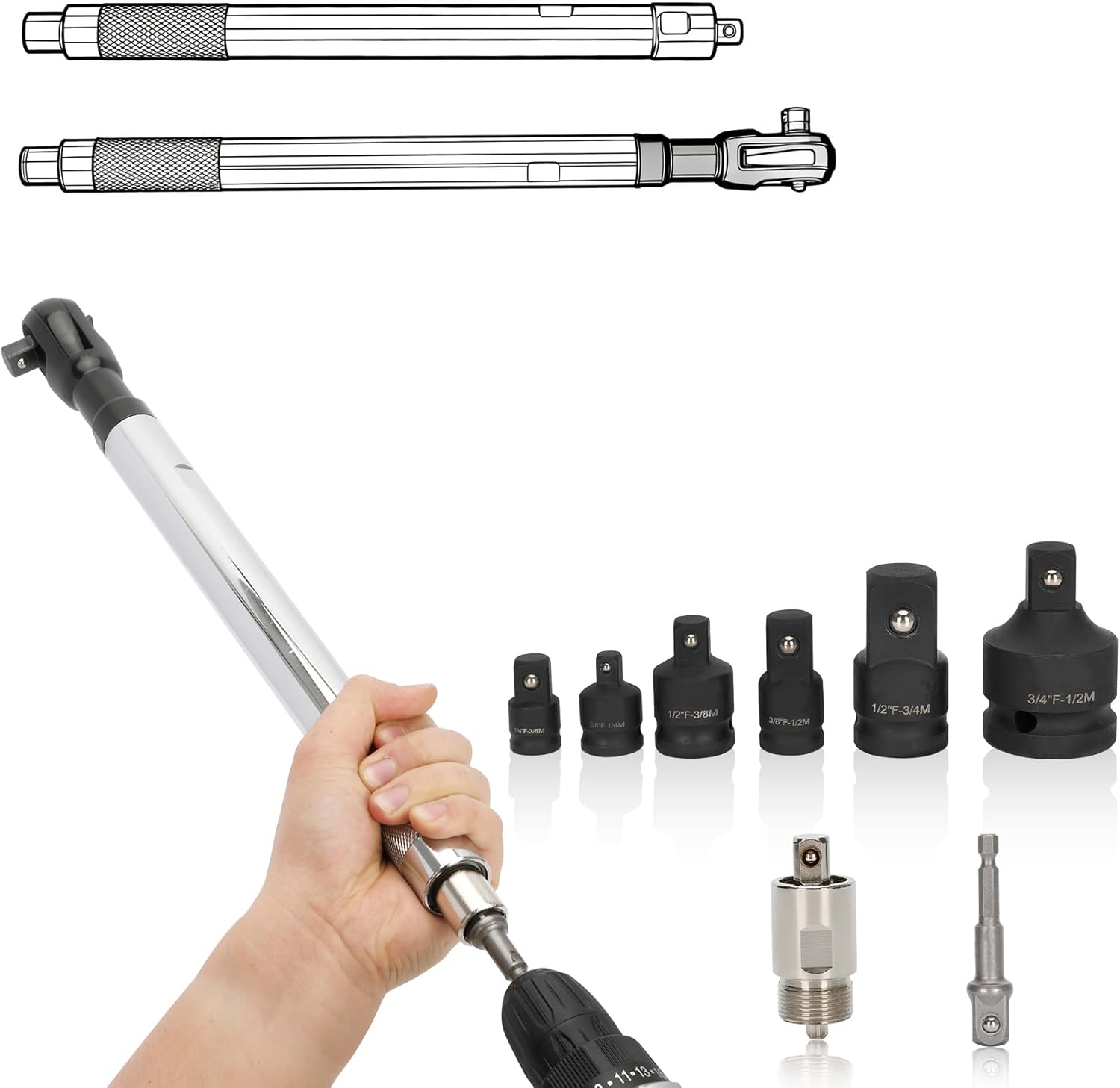 Offset Extension Wrench, 1/2'' Electric Offset Extension for Tight Spaces - 90 & 180 Degree Offset Extension Wrench Impact for Electric Drill with 2 Conversion Head, 6 Conversion Adapters