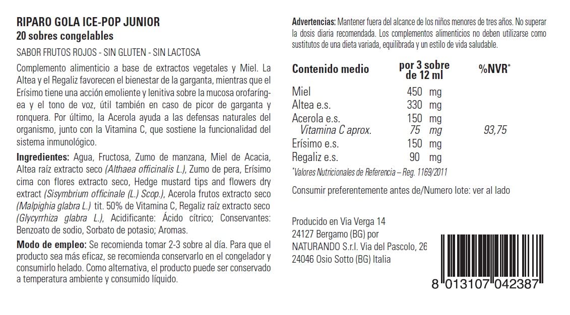 Naturando Riparo Gola Ice Pop Junior per Fastidi Gola Bambini con Miele, Altea, Acerola, Erisimo, Liquirizia - 20 Stick Gusto Frutti Rossi