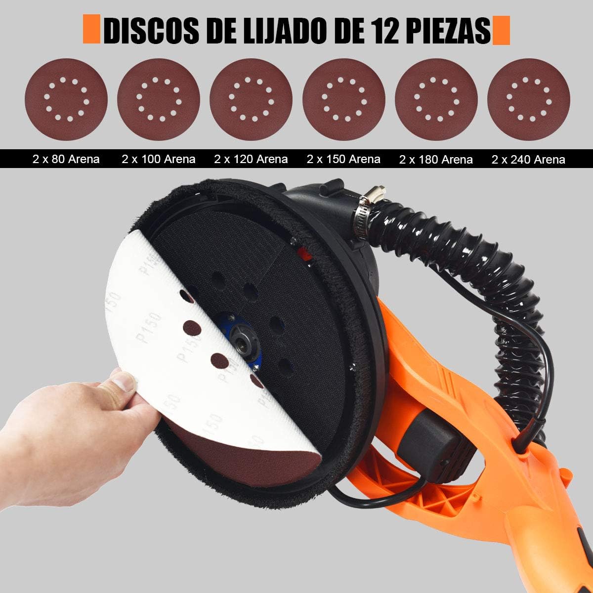 COSTWAY Lijadora de Techo Electrica de Pared, Lijadora Profesional Ø225mm/800-1750 RPM/ 750W /12 Discos de Lijado y LED, Naranja + Negro