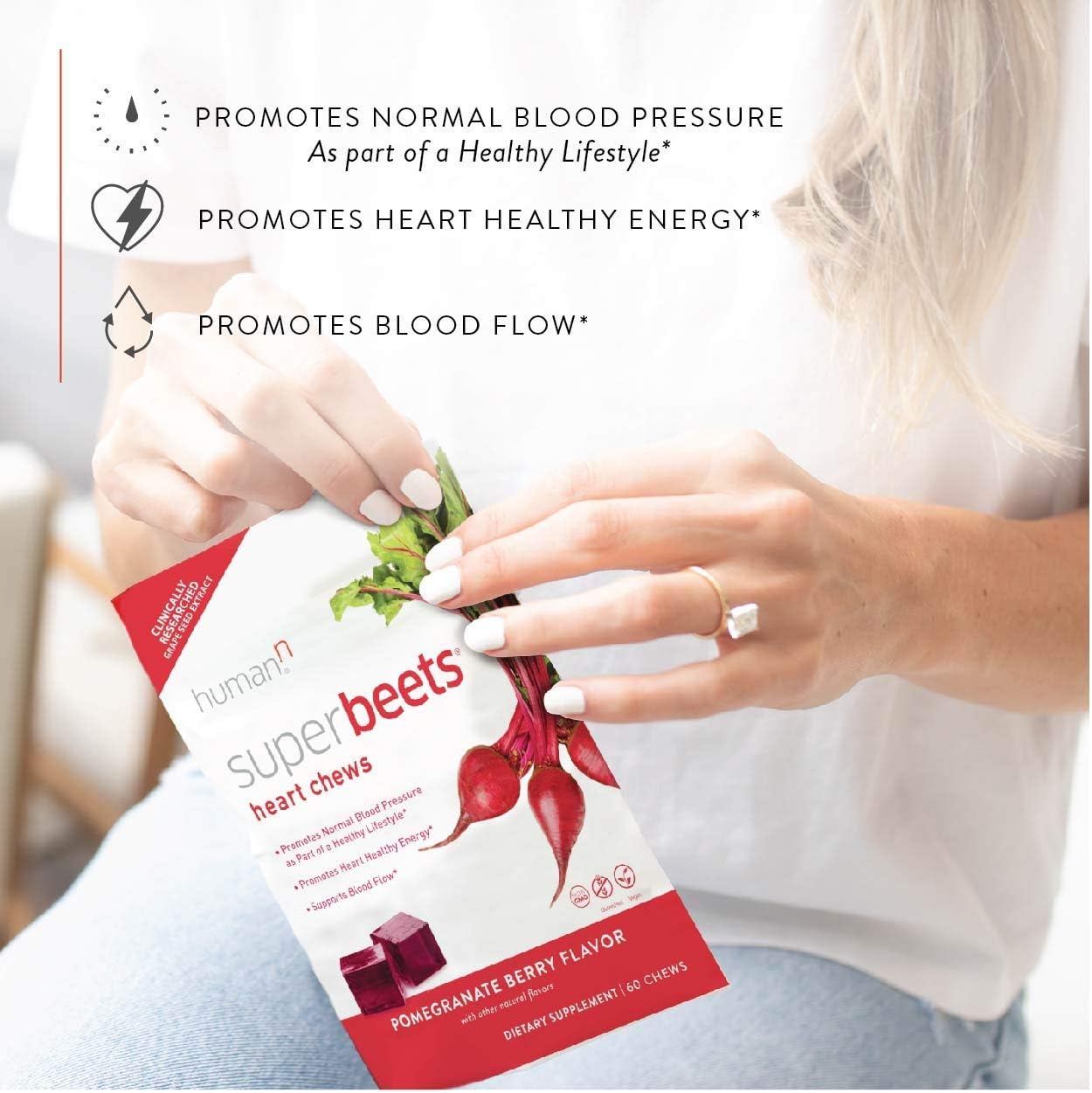 HumanN SuperBeets Heart Chews | Grape Seed Extract and Non-GMO Beet Powder Helps Support Healthy Circulation, Blood Pressure, and Energy, Super Beets Pomegranate-Berry Flavor, 60-Count : Health & Household
