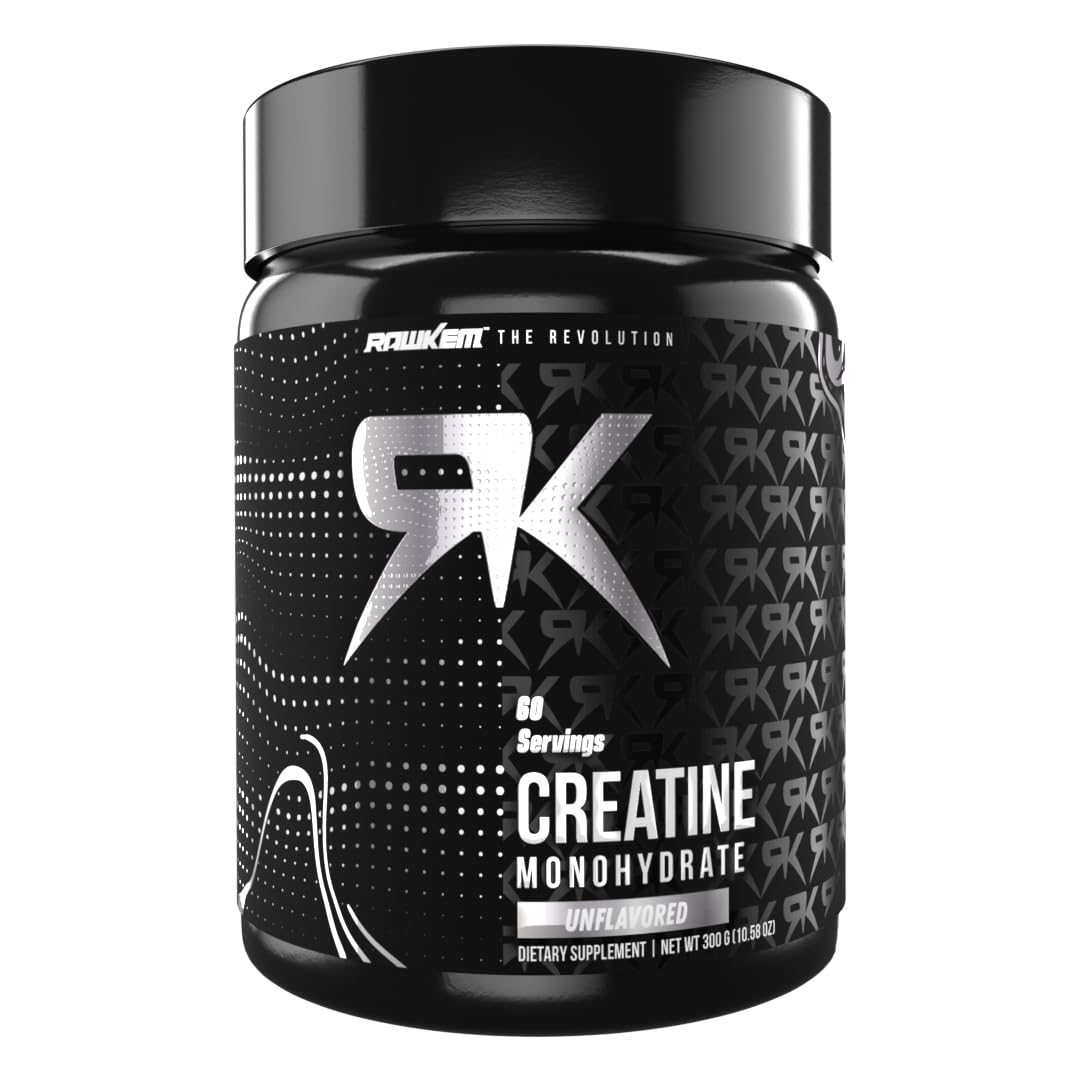 RawkemCreatine Monohydrate Powder – 100% Pure Micronized – unflavored – Pre-workout and post-workout recovery supplement for strength to increase muscle mass - 60 servings, 300 g