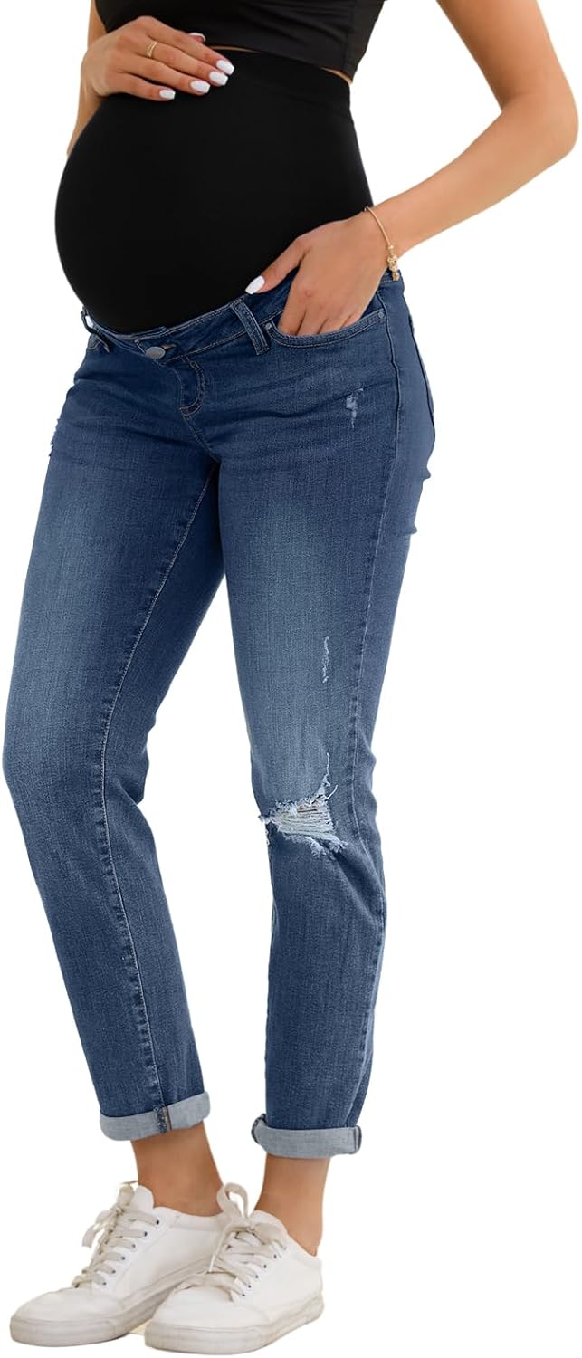 Maternity Jeans for Women Boyfriend Stretch Over Belly Denim Pregnancy Pants, Throughout Pregnancy Suitable