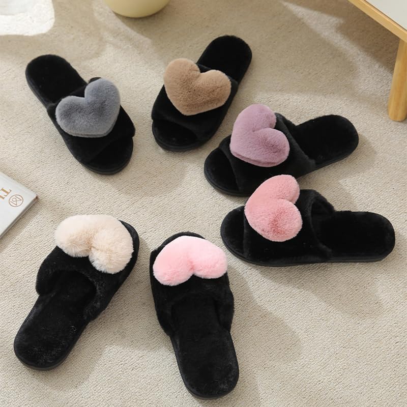 Rteyno Women's Fuzzy Slippers 3D Heart Open Toe Non-slip Soft Sole House Shoes Girl Ladies Indoor Outdoor Shoes4