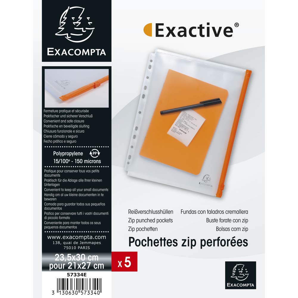 Exacompta 57334E Okładka na dokumenty Exactive, z zamkiem błyskawicznym, 23,5x32cm, przezroczysta, pomarańczowy zamek, z możliwością umieszczenia w segregatorze, 5 sztuk kolor kryształowy