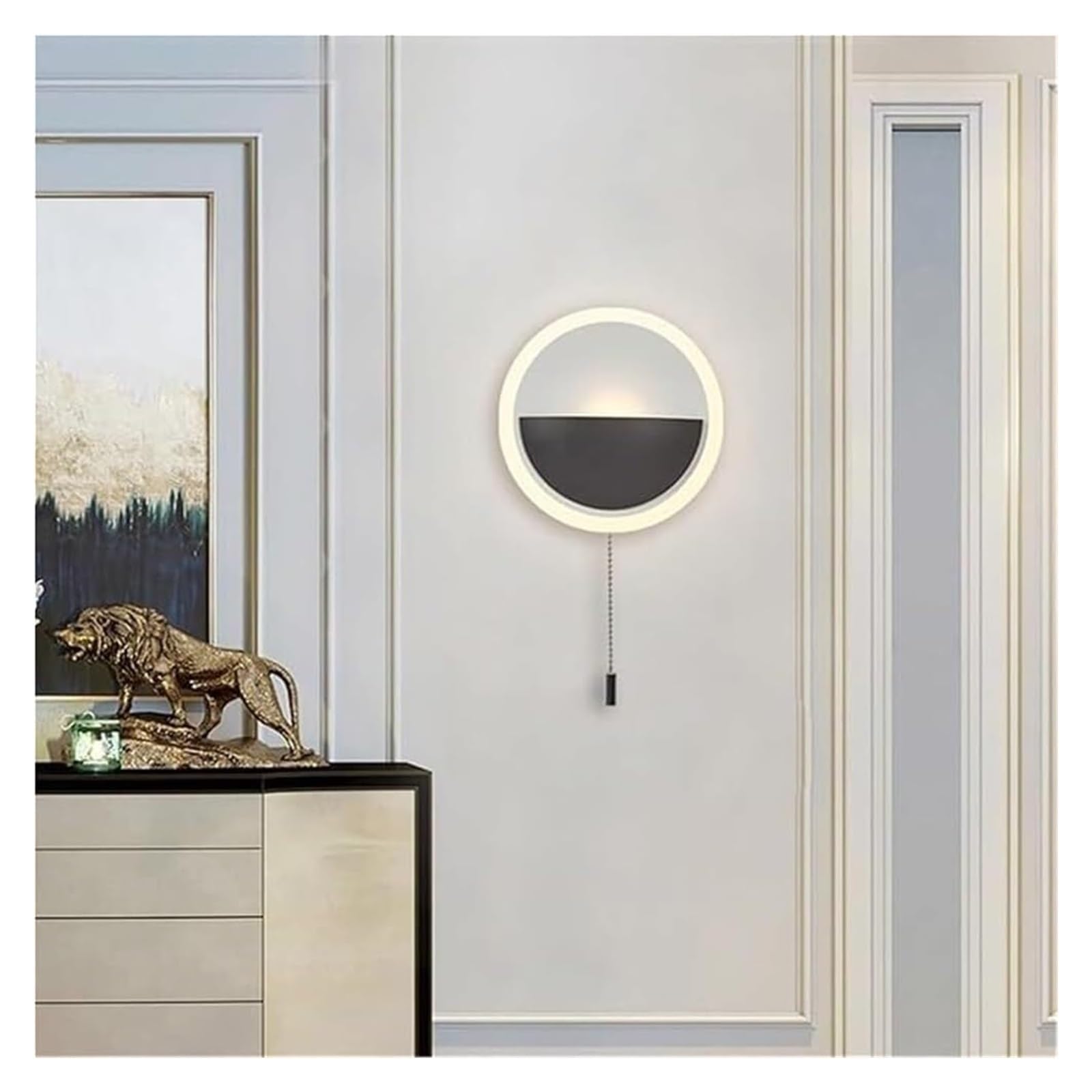 Lampa ścienna wewnętrzna o minimalistycznym wzornictwie, prosta okrągła lampa ścienna z przełącznikiem łańcuchowym, do sypialni, jadalni, salonu, korytarza na zewnątrz