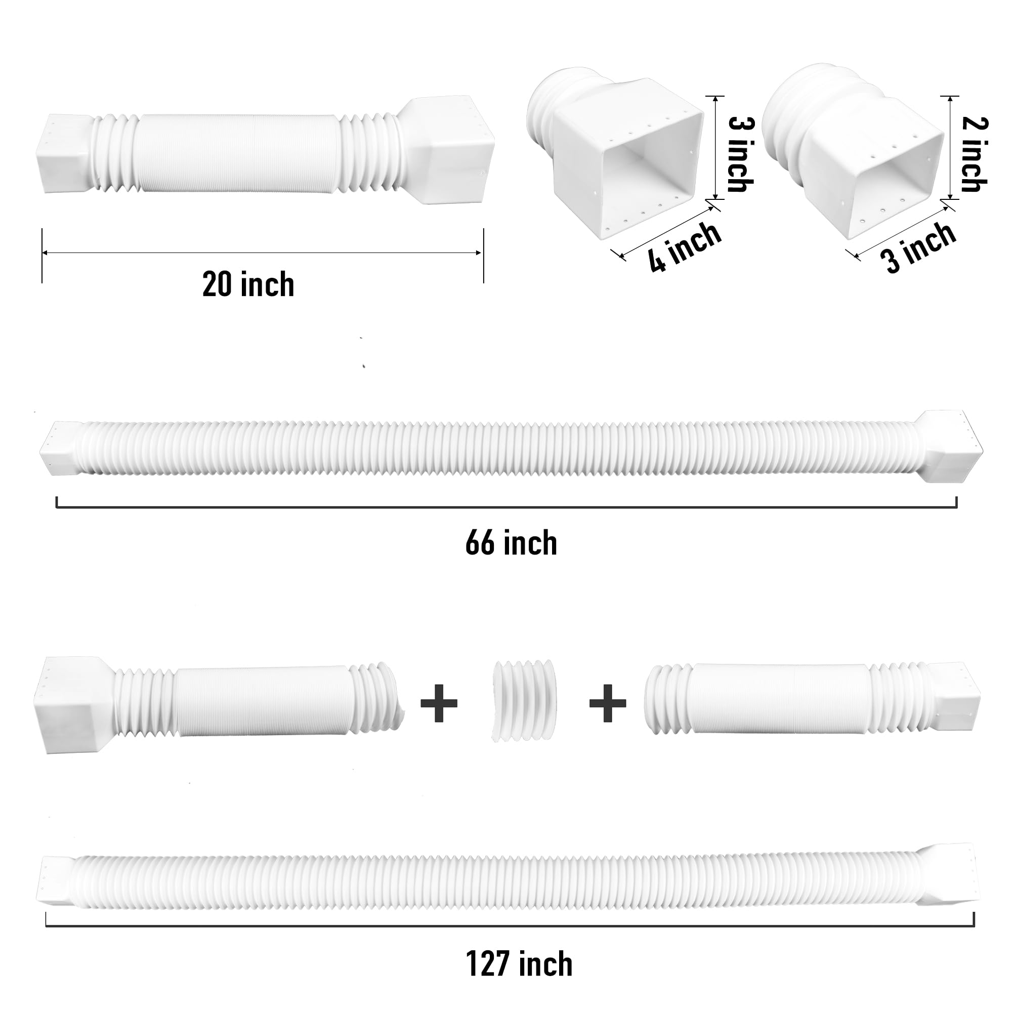 Paquete de 2 extensiones de canalón de lluvia, extensor de desagüe flexible mejorado, desviador de drenaje de agua de lluvia con mini conector, extensible de 20 a 127 pulgadas
