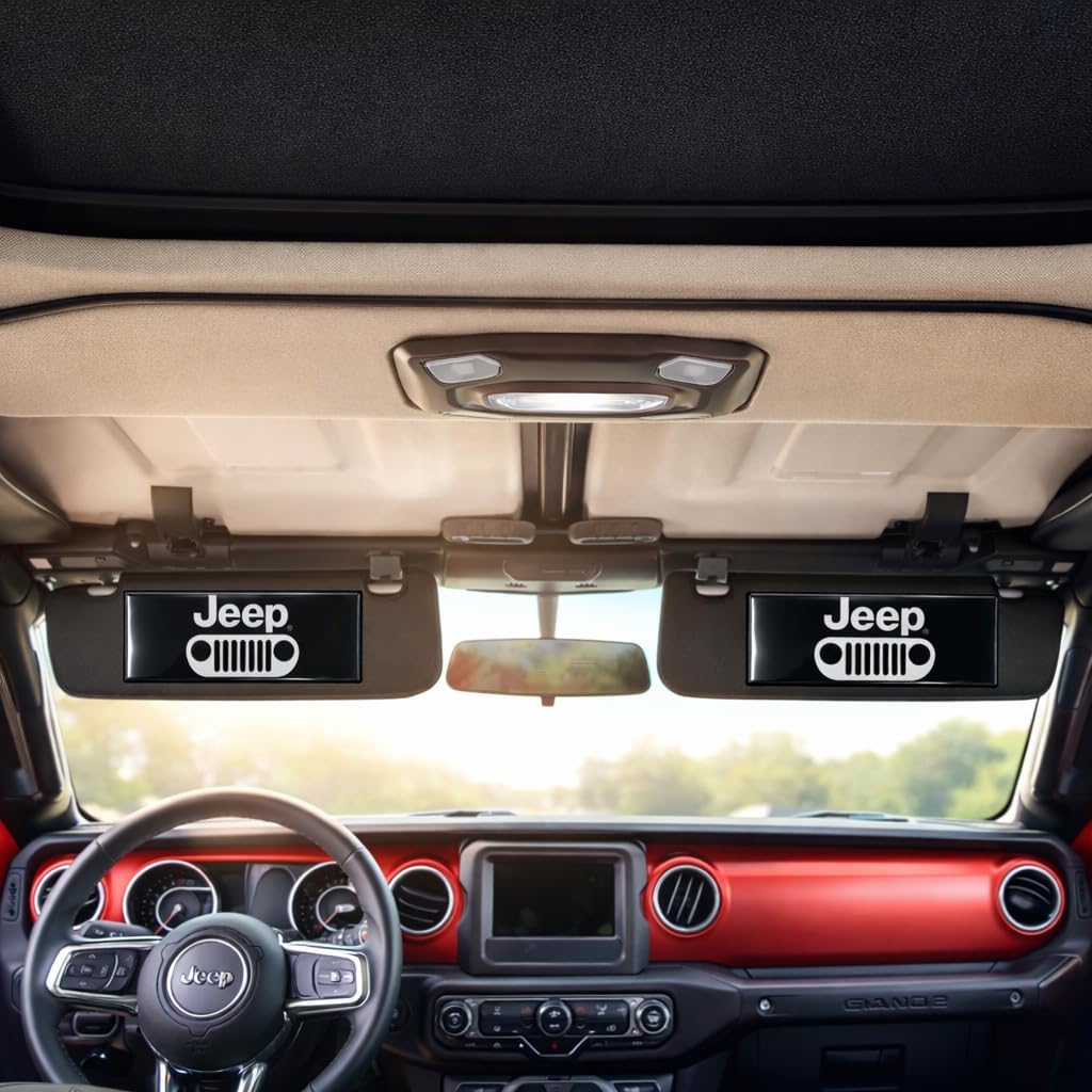 SR1 USA Jeep Wrangler Sun Visor Label Cover Decals with Grille Logo – Set of 2 Gloss Black Domed Emblem Interior Overlays for Jeep Wrangler JK JL JLU