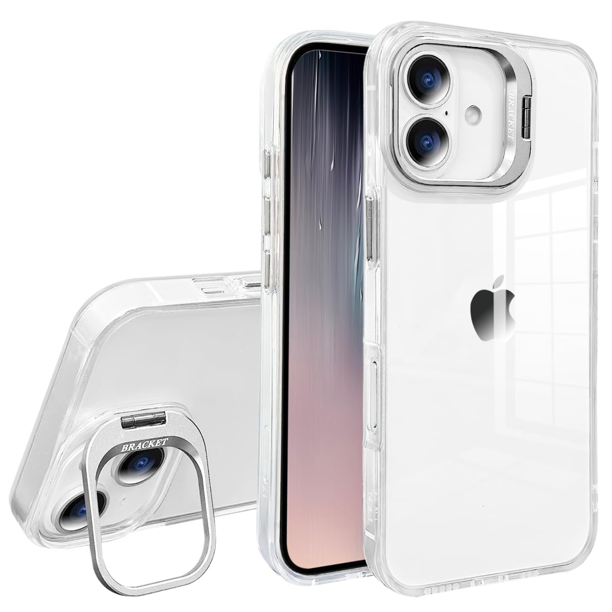【YUYIB】 スマホケース 対応 iPhone 17 ケース クリア 透明 カメラ隠れスタンド 米軍MIL規格の保護 ストラップ穴 耐黄変 耐衝撃 傷防止背面 軽量 薄型 ブランド アイフォン17 携帯かばー (シルバー, iPhone 17)