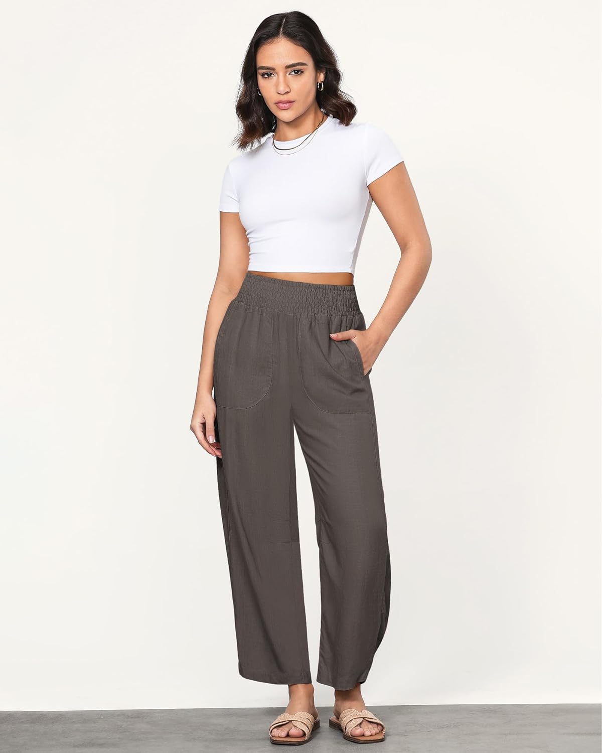GRAPENT Linen Pants Women Wide Leg High Waisted Cropped Barrel Pull On Smocked Elastic Waist Summer Pants with Pockets - Image 5