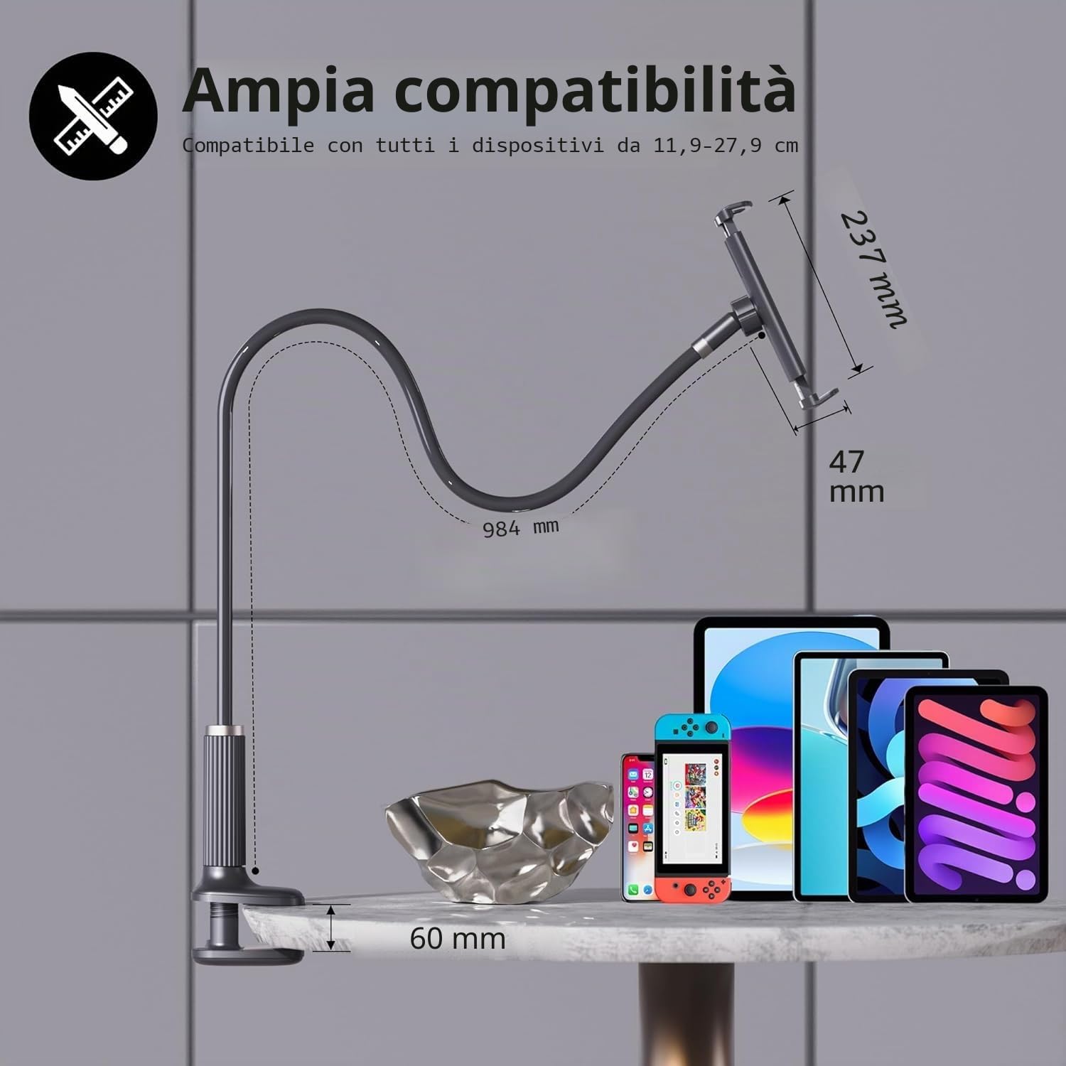 Supporto Tablet e Cellulare per Letto Regolabile Collo Oca Nero - per iPad/iPhone/Nintendo Switch/Kindle