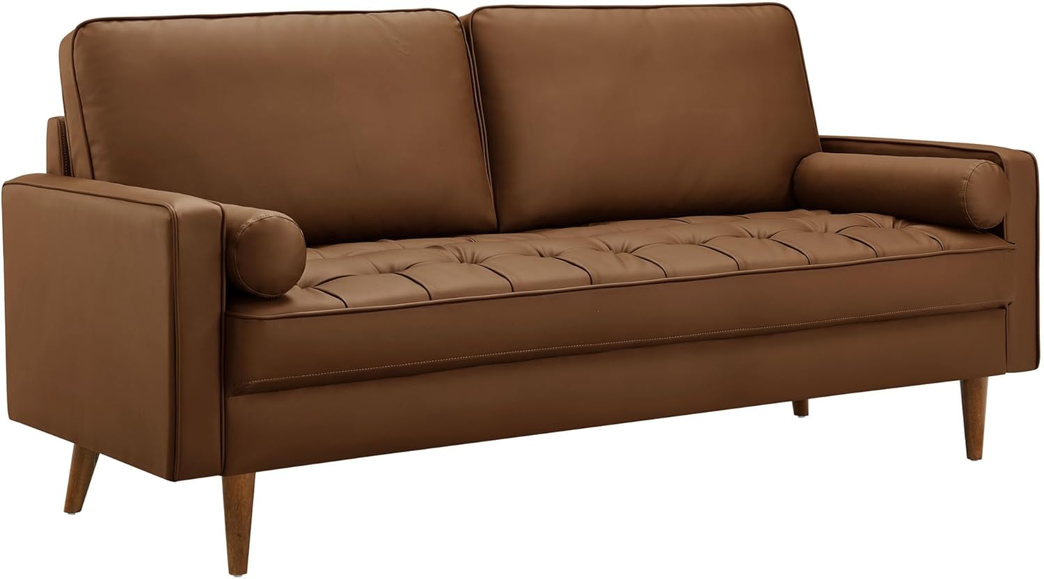 Modway Valour 73 Inch Faux Leather Sofa in Brown – Upholstered Sofa with Tufted Seat - 3-Seater Leather Couch with Cozy Wide Seats - Mid-Century Modern Couch for Living Room