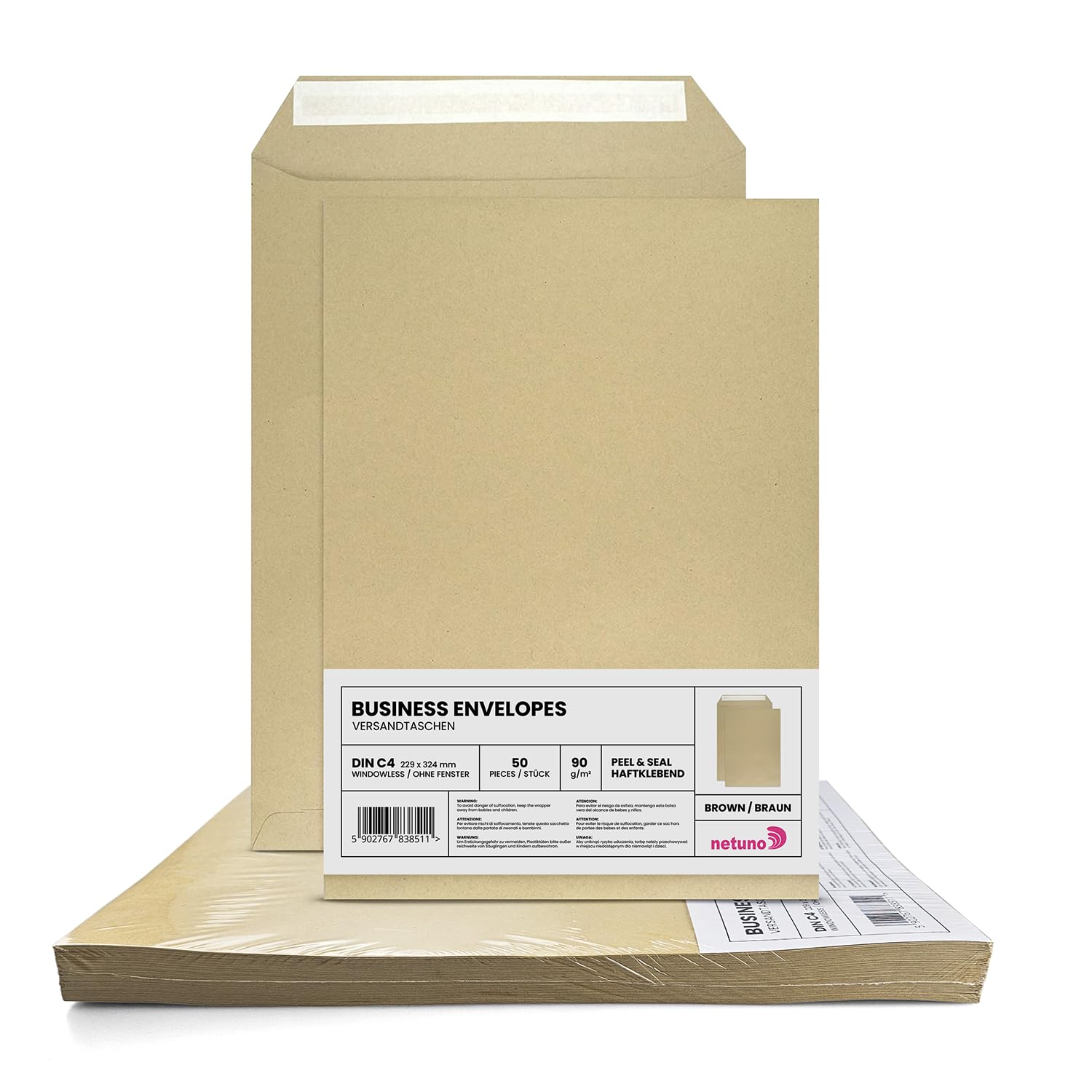 Netuno 50x Versandtasche DIN C4 Braun 229 x 324 mm 90g große Briefumschläge ohne Fenster gerade Klappe Haftklebung Umschläge Maxibrief A4 Briefkuverts Großbrief Kuverts envelope big