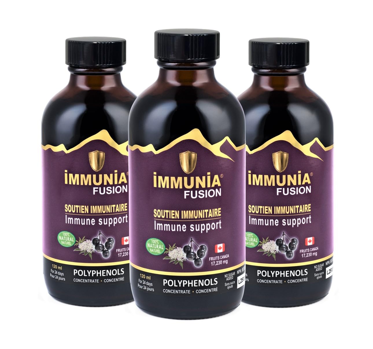 Immunia Fusion Suplemento Fitoterápico Líquido Concentrado de Sabugueiro e Flor de Sabugueiro, 120 mL, 3 frascos