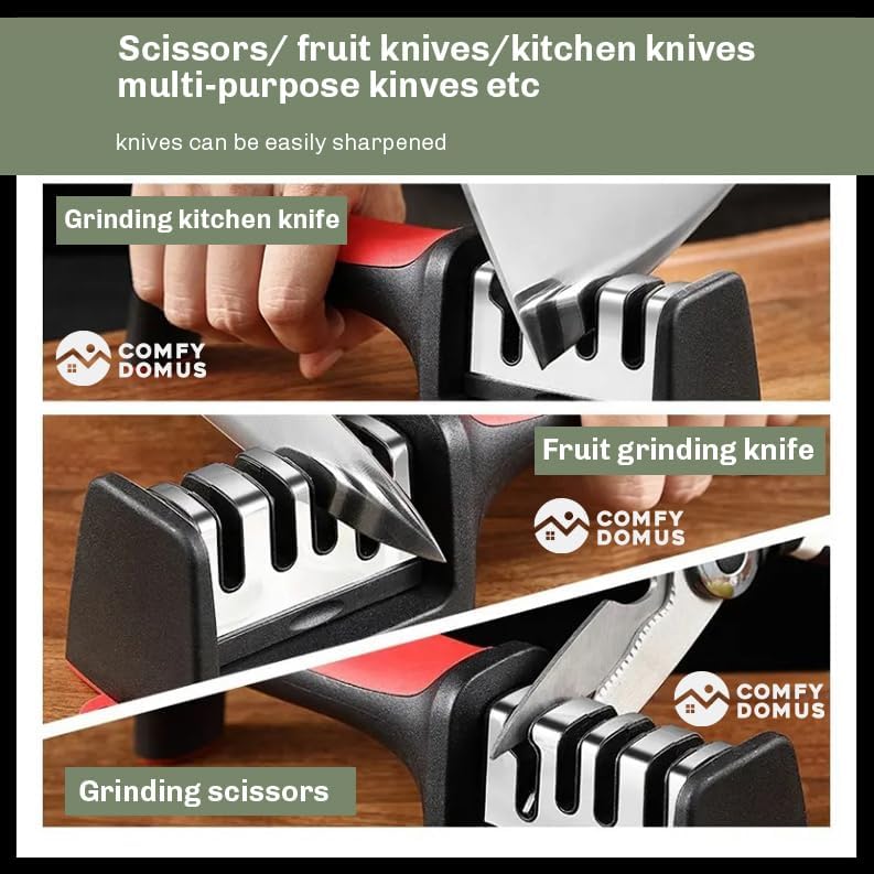 Miniatura 6 de Afilador de cuchillos manual de 3 etapas, herramienta de cocina profesional con mango ergonómico, rojo y negro